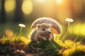 Beautiful cute baby hedgehog standing next to a big mushroom in nature during sunrise