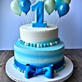 beautiful cute blue cake for 1 year old boy birthday party, number one, balloons Royalty Free Stock Photo