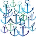 Beautiful cute bright summer sea fresh marine blue anchors different shapes and colors group watercolor