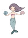 Beautiful cute cartoon mermaid with long hair. Siren. Sea theme.