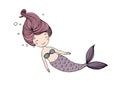 Beautiful cute cartoon mermaid with long hair. Siren. Sea theme.