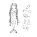 Beautiful cute cartoon mermaid with long hair. Siren. Sea theme.