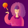 Beautiful cute cartoon young woman pointing in sweet lollipop. Flat trendy colorful vector illustration. Girl enjoying summer Royalty Free Stock Photo