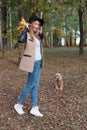 Beautiful cute cheerful girl in a black hat with a bouquet of bright colored leaves in a coat walks in autumn park Royalty Free Stock Photo