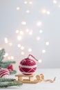 Beautiful cute crocheted christmas ball for decoration with copyspace