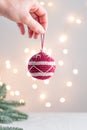 Beautiful cute crocheted christmas ball for decoration with copyspace