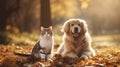 Beautiful cute dog and cat posing in an autumn park. Cute pets posing in an autumn forest. Best friends forever