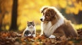 Beautiful cute dog and cat posing in an autumn park. Cute pets posing in an autumn forest. Best friends forever