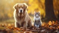 Beautiful cute dog and cat posing in an autumn park. Cute pets posing in an autumn forest. Best friends forever