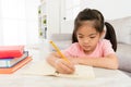 Beautiful cute female preschooler studying english