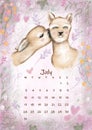 Beautiful cute fluffy alpacas. Calendar 2023 July