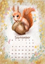 Beautiful cute fluffy squirrel. Calendar 2023 September