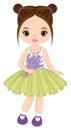 Beautiful Cute Girl Holding Bouquet of Lavender. Vector Brunette Girl with Lavender