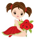 Beautiful Cute Girl Holding Bouquet of Red Poppies. Vector Brunette Girl with Poppies Royalty Free Stock Photo