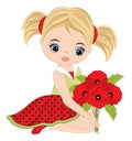 Beautiful Cute Girl Holding Bouquet of Red Poppies. Vector Redheaded Girl with Poppies Royalty Free Stock Photo