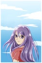 Beautiful and cute girl purple long hair in the summer with cartoon illustration