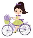 Beautiful Cute Girl Riding Bicycle with Basket of Lavender. Vector Young Girl with Lavender.