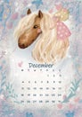 Beautiful Cute Horse With Little Girl. Calendar 2023 December