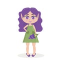 Beautiful cute little elf girl with purple hair with flowers on a white background. Cartoon illustration Royalty Free Stock Photo