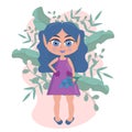 Beautiful cute little elf girl with purple hair with flowers on a white background. Cartoon illustration Royalty Free Stock Photo