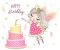 Beautiful, cute, little fairy girl Princess with big cake and inscription Happy Birthday. Vector illustration.