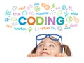 Beautiful cute little girl with eyeglasses looking at colorful CODING word, symbols and commands above her head. Kid programmer le