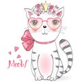 Beautiful cute little girl kitty with flowers. Vector illustration. Royalty Free Stock Photo