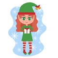 Beautiful cute little Santa elf girl with present on a white background. Cartoon christmas illustration Royalty Free Stock Photo