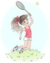 Beautiful, cute, little tennis girl. Vector illustration. Royalty Free Stock Photo