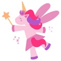 Beautiful and cute pink unicorn kid fulfills a wish with a magic wand on a purple background isolated