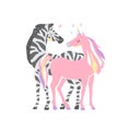 Beautiful cute pink unicorn and zebra. couple of unicorn and zebra in love. isolated image. eps10