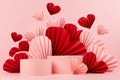 Beautiful cute pink Valentines day scene mockup with two round podiums, flying ribbed red, pink paper hearts, closeup. Love.