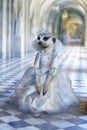 Beautiful cute princess mouse, meerkat in long light blue dress walks through corridors of fabulous palace, fairy godmother of