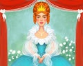 Illustration of a beautiful cute princess queen in a diadem. Red-haired girl in a naked dress against the backdrop of a park and Royalty Free Stock Photo