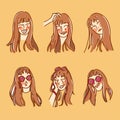 Beautiful Cute Quirky Woman Various Expression Doodle Illustration Vector Asset Set