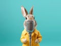 Beautiful Cute Rabbit in Yellow Costume Singing in Microphone extreme closeup. Generative AI