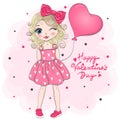 Beautiful, cute, romantic girl in love with a balloon heart in the background with the words Happy Valentine`s day.