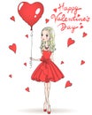 Beautiful, cute, romantic girl in love with umbrella in the background with hearts and words Happy Valentine`s day.