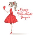 Beautiful, cute, romantic girl in love with umbrella in the background with hearts and words Happy Valentine`s day.