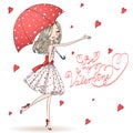 Beautiful, cute, romantic girl in love with umbrella in the background with hearts and words Happy Valentine`s day.