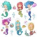 Beautiful cute sirens mermaids set with sea elements. Siren mermaid color line hand drawn vector illustration. Royalty Free Stock Photo
