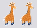 Beautiful and cute smiling giraffe on profile with blue boots for sticker on gray background