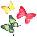 Beautiful cute sophisticated elegant wonderful tender gentle spring green red yellow butterflies pattern watercolor Royalty Free Stock Photo