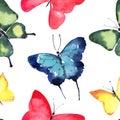 Beautiful cute sophisticated magnificent wonderful tender gentle spring blue green red yellow butterflies pattern watercolor Royalty Free Stock Photo