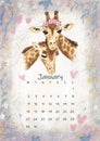 Beautiful cute spotted giraffes. Calendar 2023 January