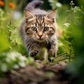 Cute tabby kitten running in the garden on a sunny day