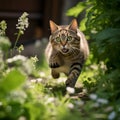 Cute tabby kitten running in the garden on a sunny day