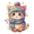 Beautiful cute watercolor illustration of a cat in a knitted hat and scarf for a children's book isolated Royalty Free Stock Photo