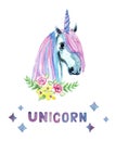 Beautiful, cute, watercolor unicorn head with flowers isolated