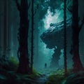 Beautiful cyberpunk forest, futuristic style. Alien spaceship in forest